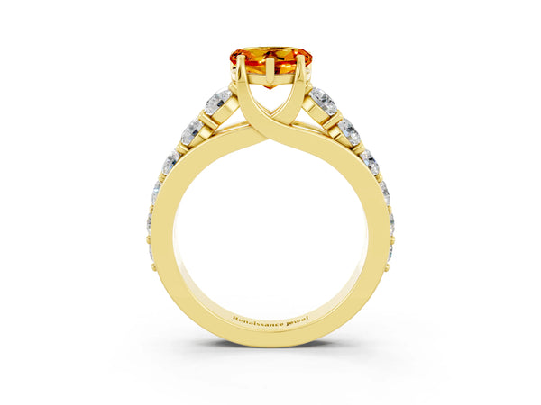 Yellow gold Heart Cut Citrine Engagement Ring with Pavé Band and Four-Prong Setting