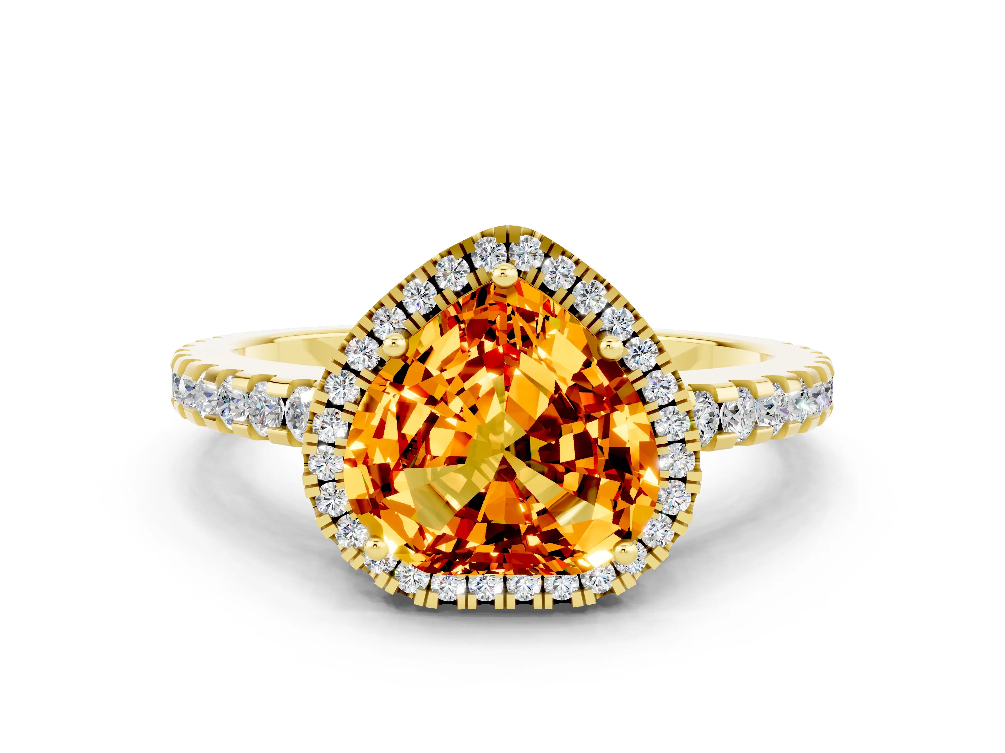 Yellow gold Heart Cut Citrine Halo Engagement Ring with Pavé Band and Prong Setting_12