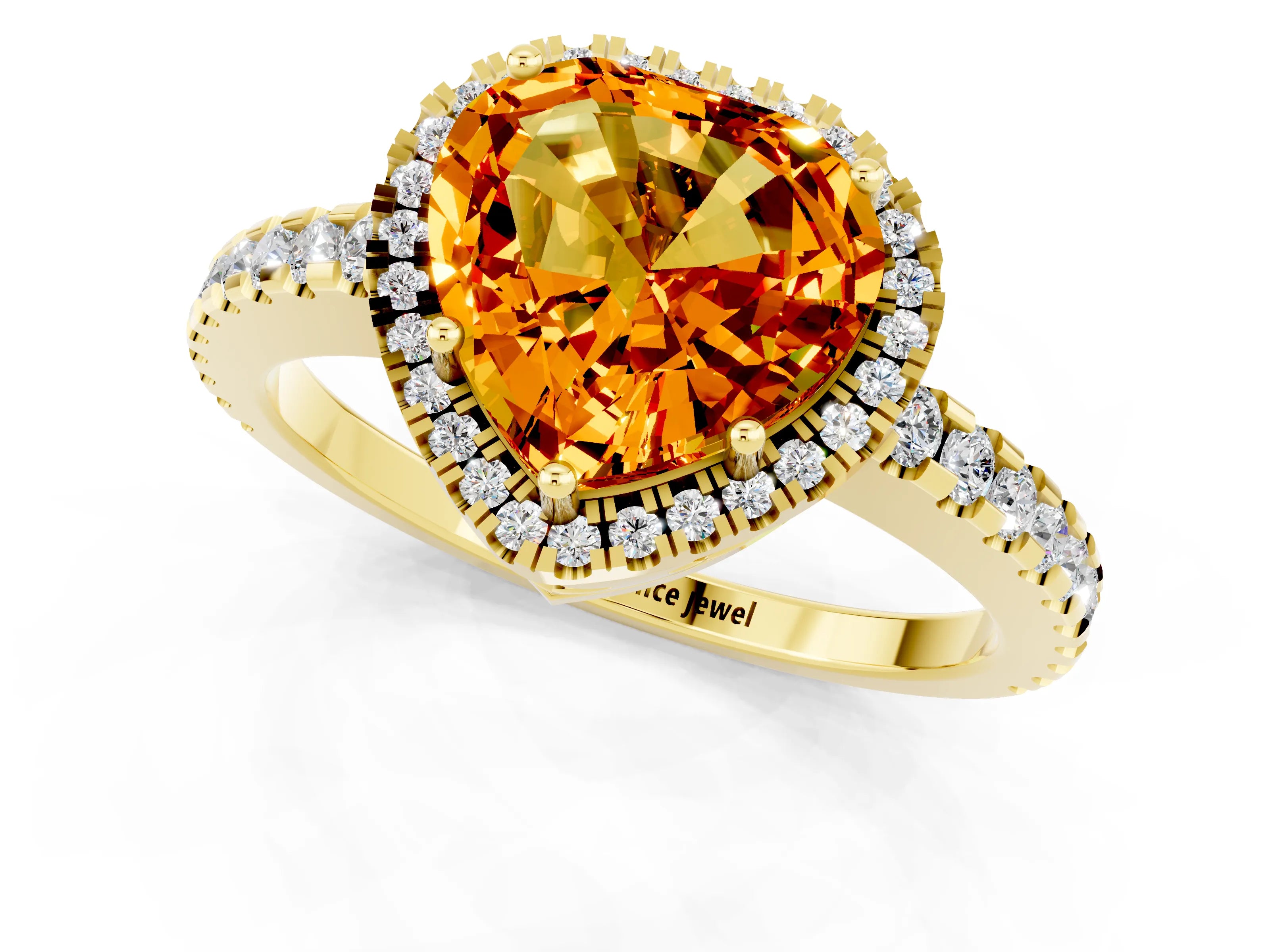 Yellow gold Heart Cut Citrine Halo Engagement Ring with Pavé Band and Prong Setting_13
