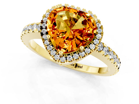 Yellow gold Heart Cut Citrine Halo Engagement Ring with Pavé Band and Prong Setting_13
