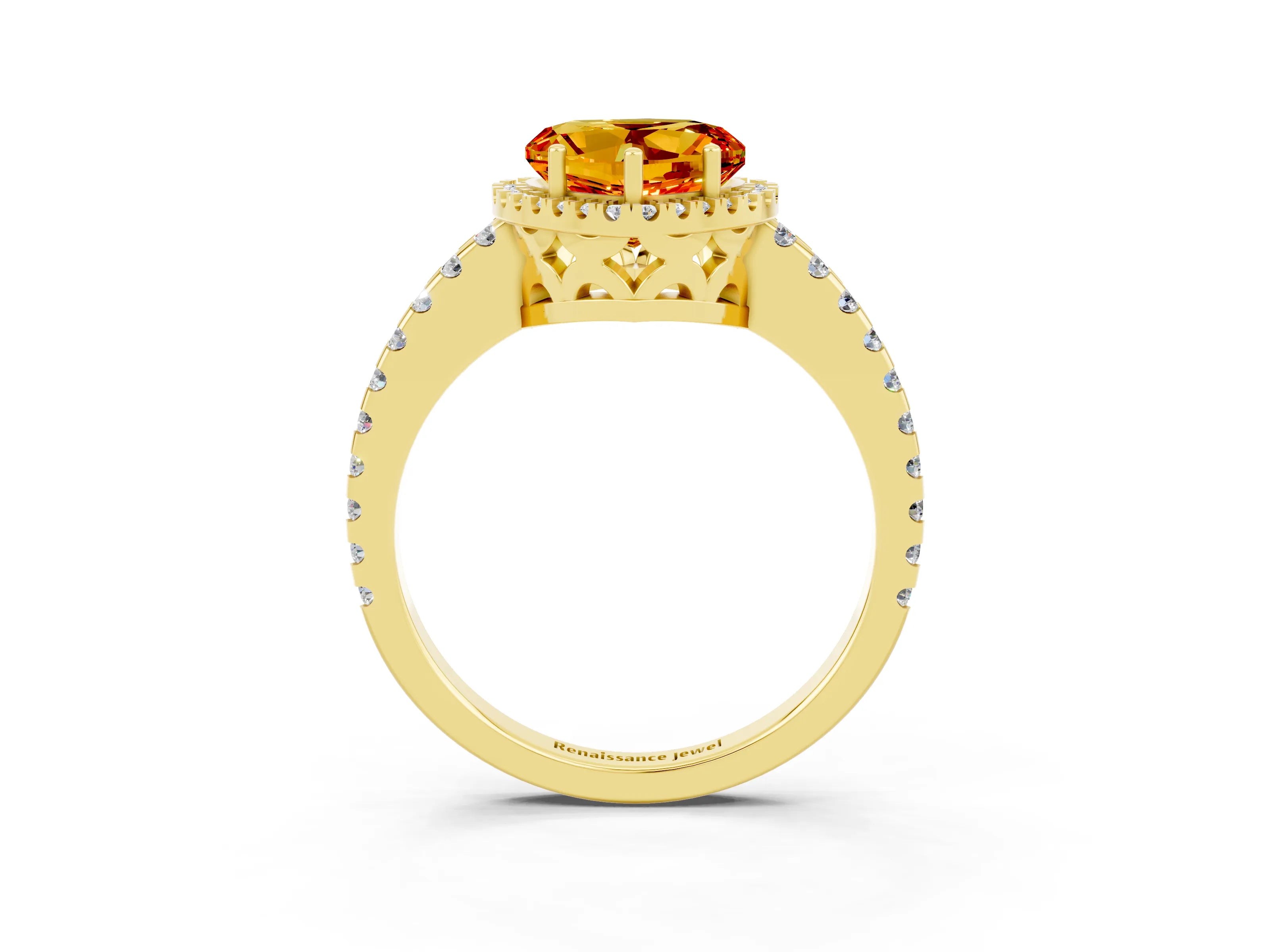 Yellow gold Heart Cut Citrine Halo Engagement Ring with Pavé Band and Prong Setting_15