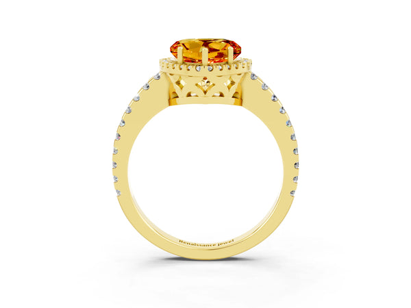 Yellow gold Heart Cut Citrine Halo Engagement Ring with Pavé Band and Prong Setting