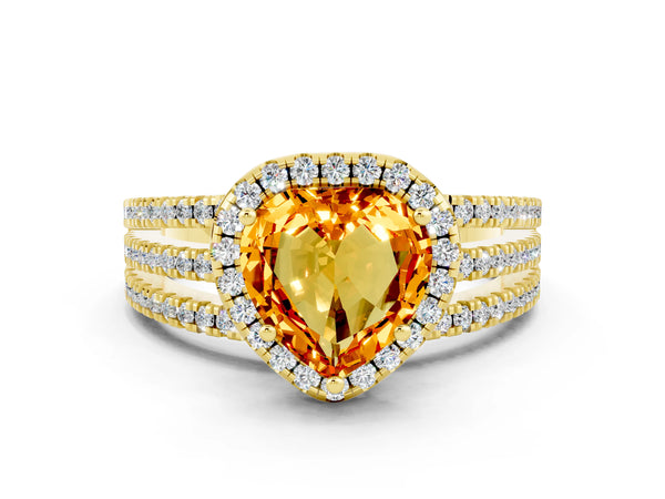 Yellow gold Heart Cut Citrine Halo Engagement Ring with Split Shank and Four-Prong Setting