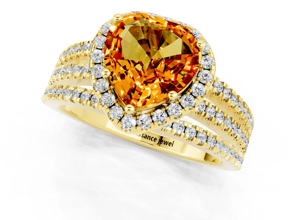 Yellow gold Heart Cut Citrine Halo Engagement Ring with Split Shank and Four-Prong Setting