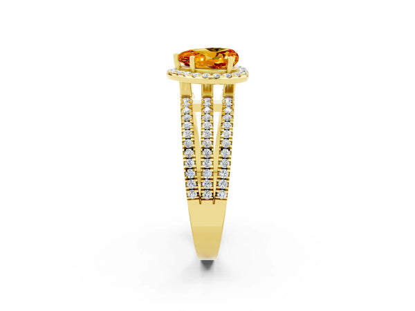 Yellow gold Heart Cut Citrine Halo Engagement Ring with Split Shank and Four-Prong Setting