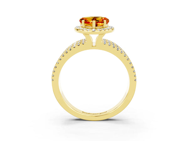 Yellow gold Heart Cut Citrine Halo Engagement Ring with Split Shank and Four-Prong Setting