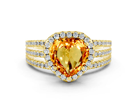 Yellow gold Heart Cut Citrine Halo Engagement Ring with Split Shank and Four-Prong Setting