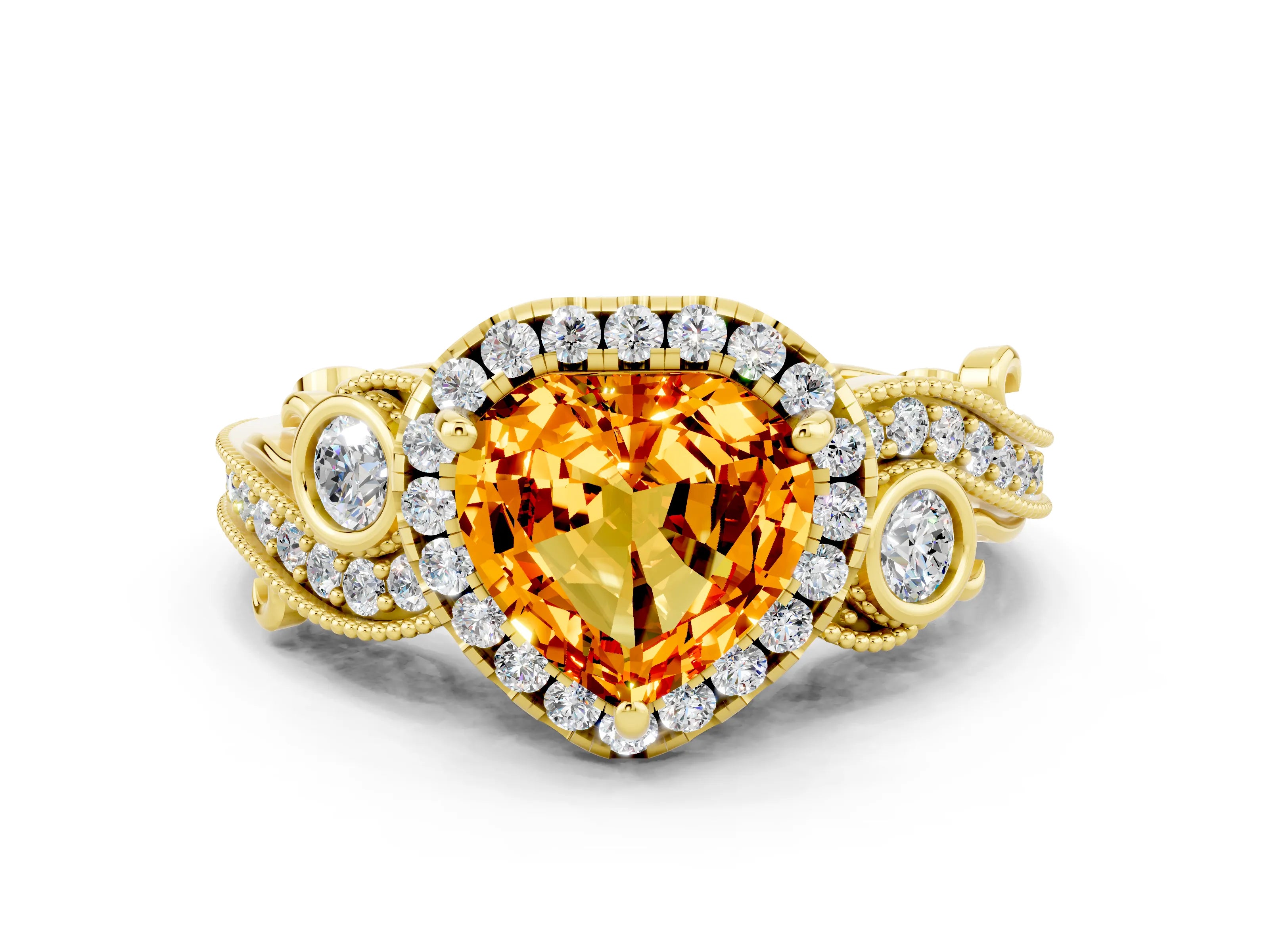 Yellow gold Heart Cut Citrine Halo Ring with Milgrain Pavé Band and Four-Prong Setting_12