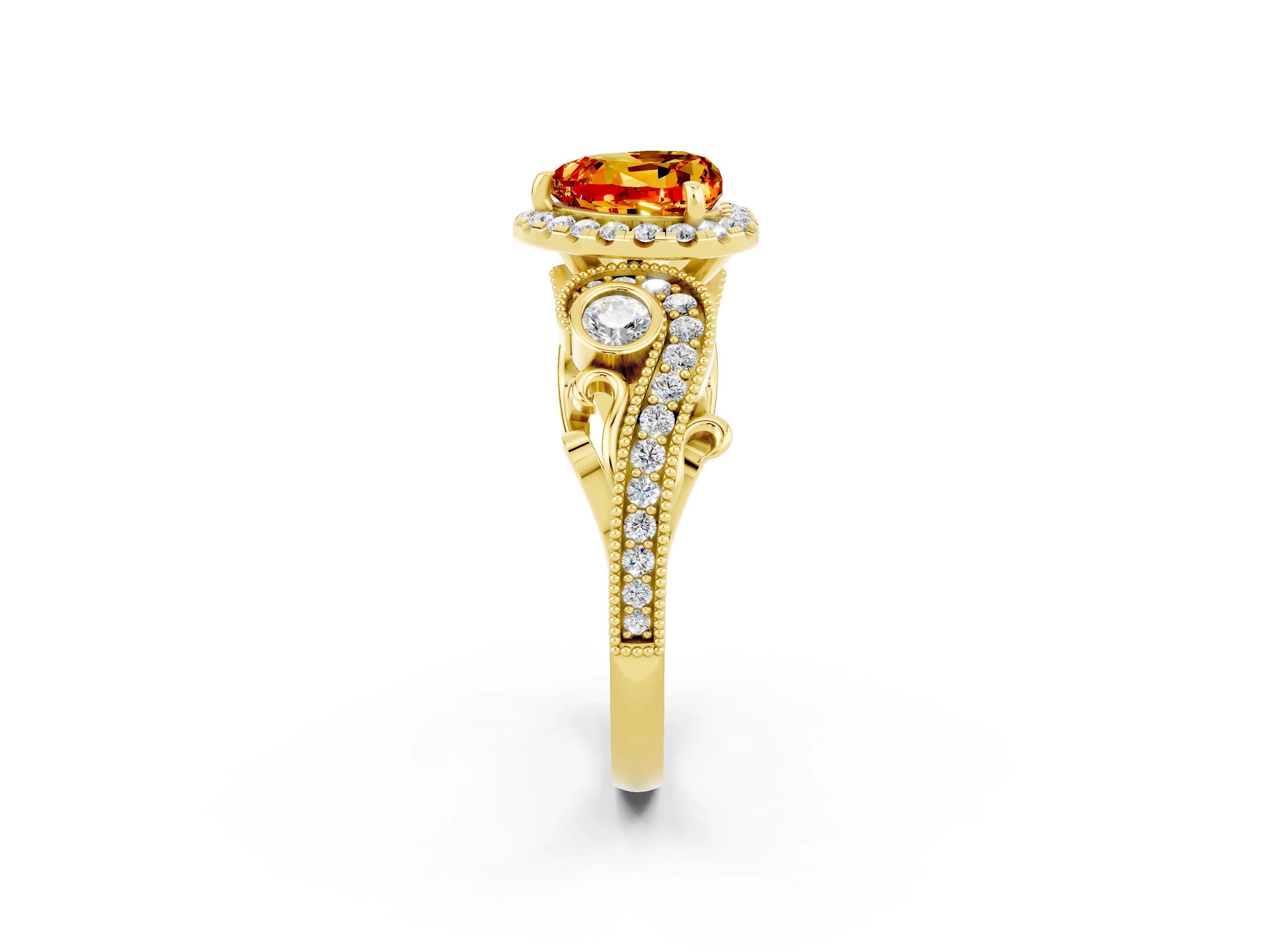 Yellow gold Heart Cut Citrine Halo Ring with Milgrain Pavé Band and Four-Prong Setting_14