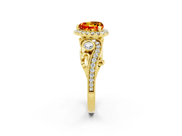 Yellow gold Heart Cut Citrine Halo Ring with Milgrain Pavé Band and Four-Prong Setting