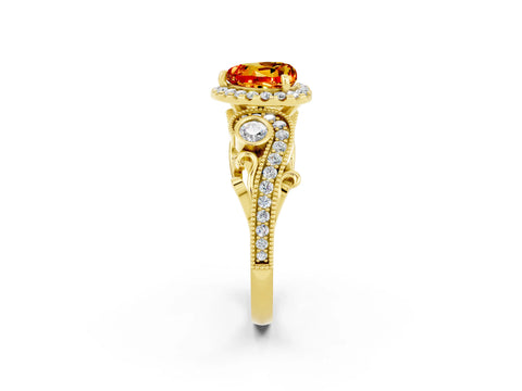 Yellow gold Heart Cut Citrine Halo Ring with Milgrain Pavé Band and Four-Prong Setting_14