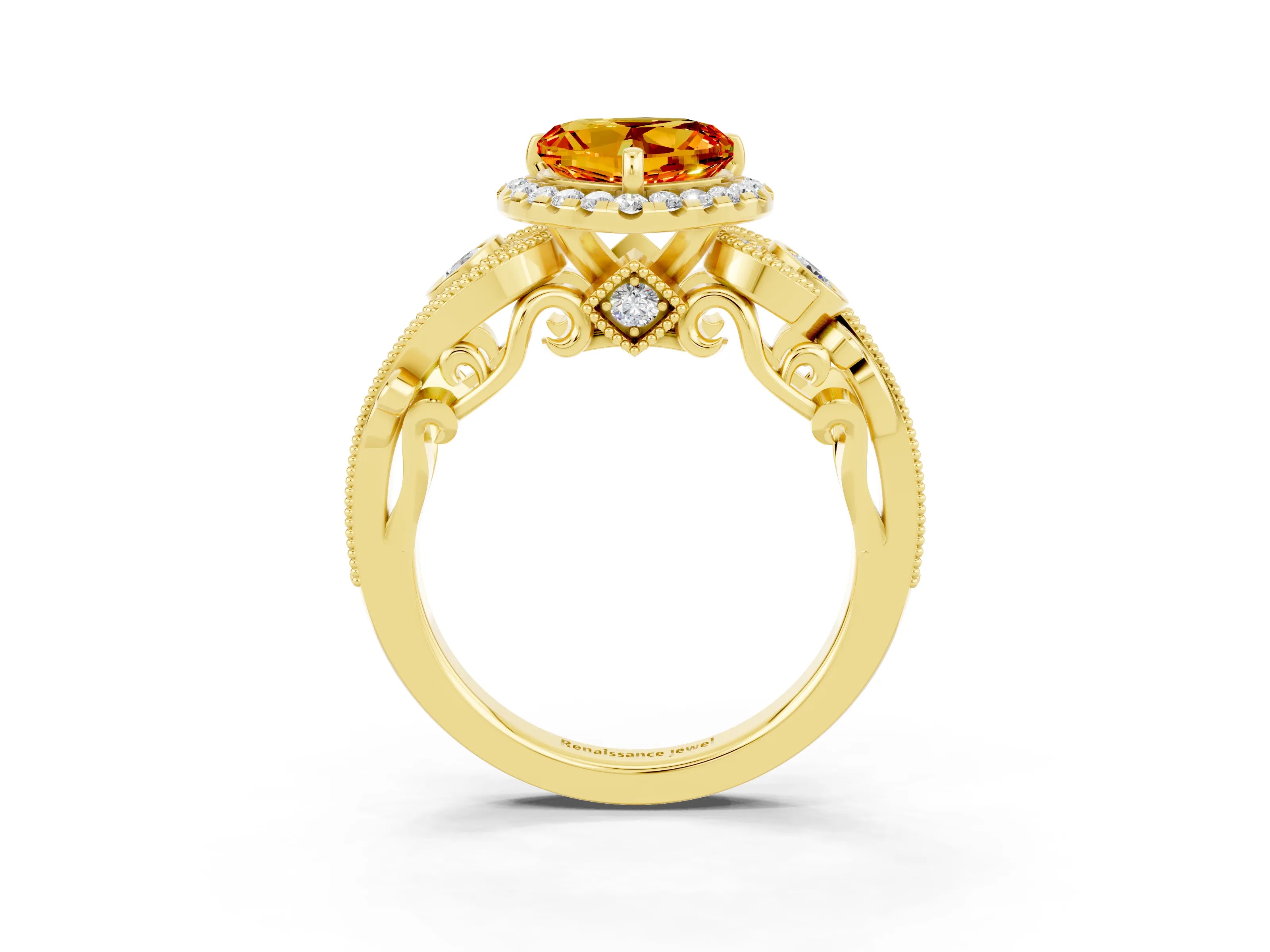Yellow gold Heart Cut Citrine Halo Ring with Milgrain Pavé Band and Four-Prong Setting_15