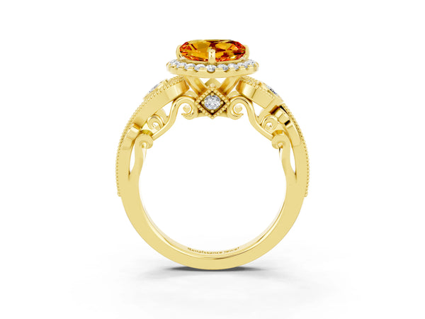 Yellow gold Heart Cut Citrine Halo Ring with Milgrain Pavé Band and Four-Prong Setting