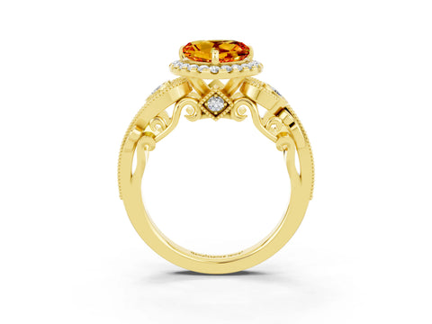 Yellow gold Heart Cut Citrine Halo Ring with Milgrain Pavé Band and Four-Prong Setting_15
