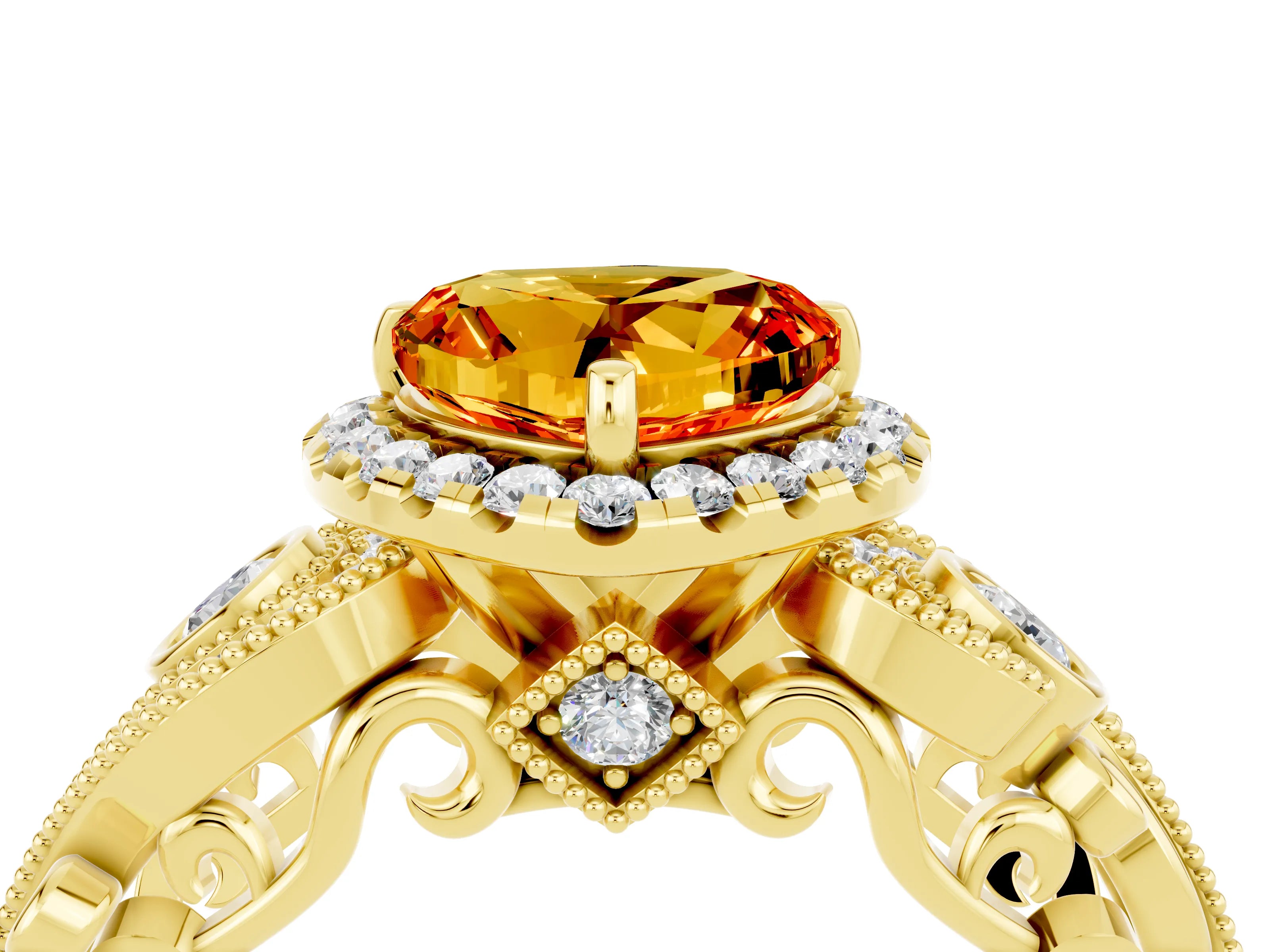 Yellow gold Heart Cut Citrine Halo Ring with Milgrain Pavé Band and Four-Prong Setting_16