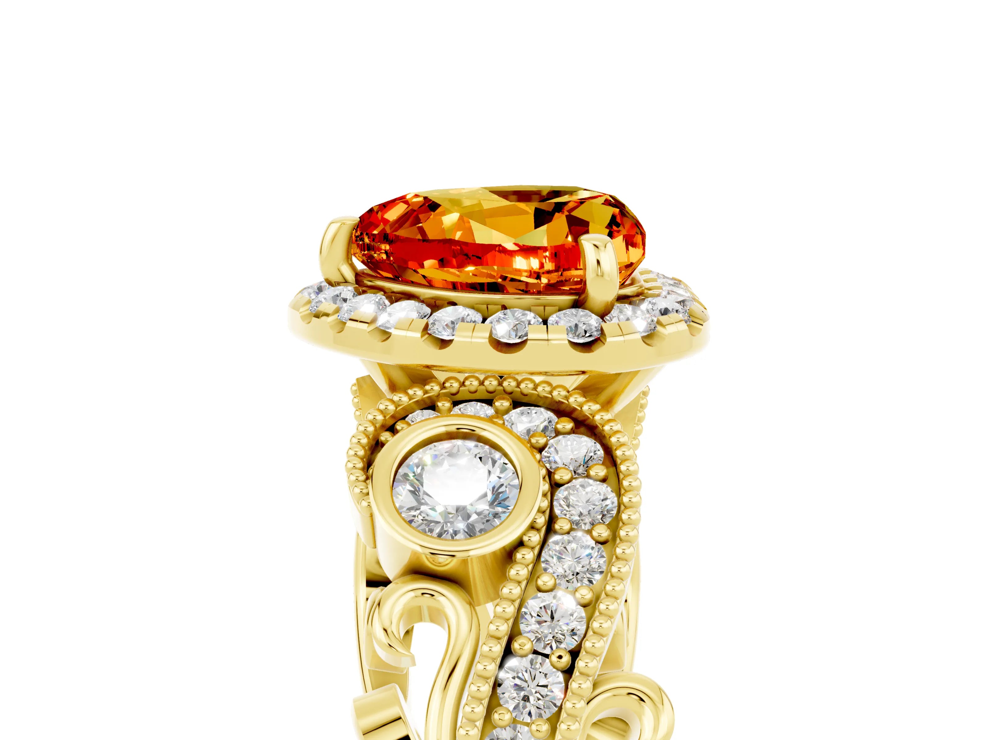 Yellow gold Heart Cut Citrine Halo Ring with Milgrain Pavé Band and Four-Prong Setting_17