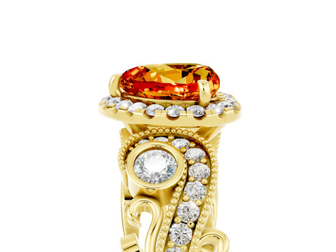 Yellow gold Heart Cut Citrine Halo Ring with Milgrain Pavé Band and Four-Prong Setting_17