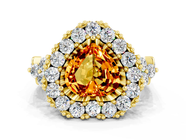 Yellow gold Heart Cut Citrine Halo Ring with Pavé Band and Four-Prong Setting