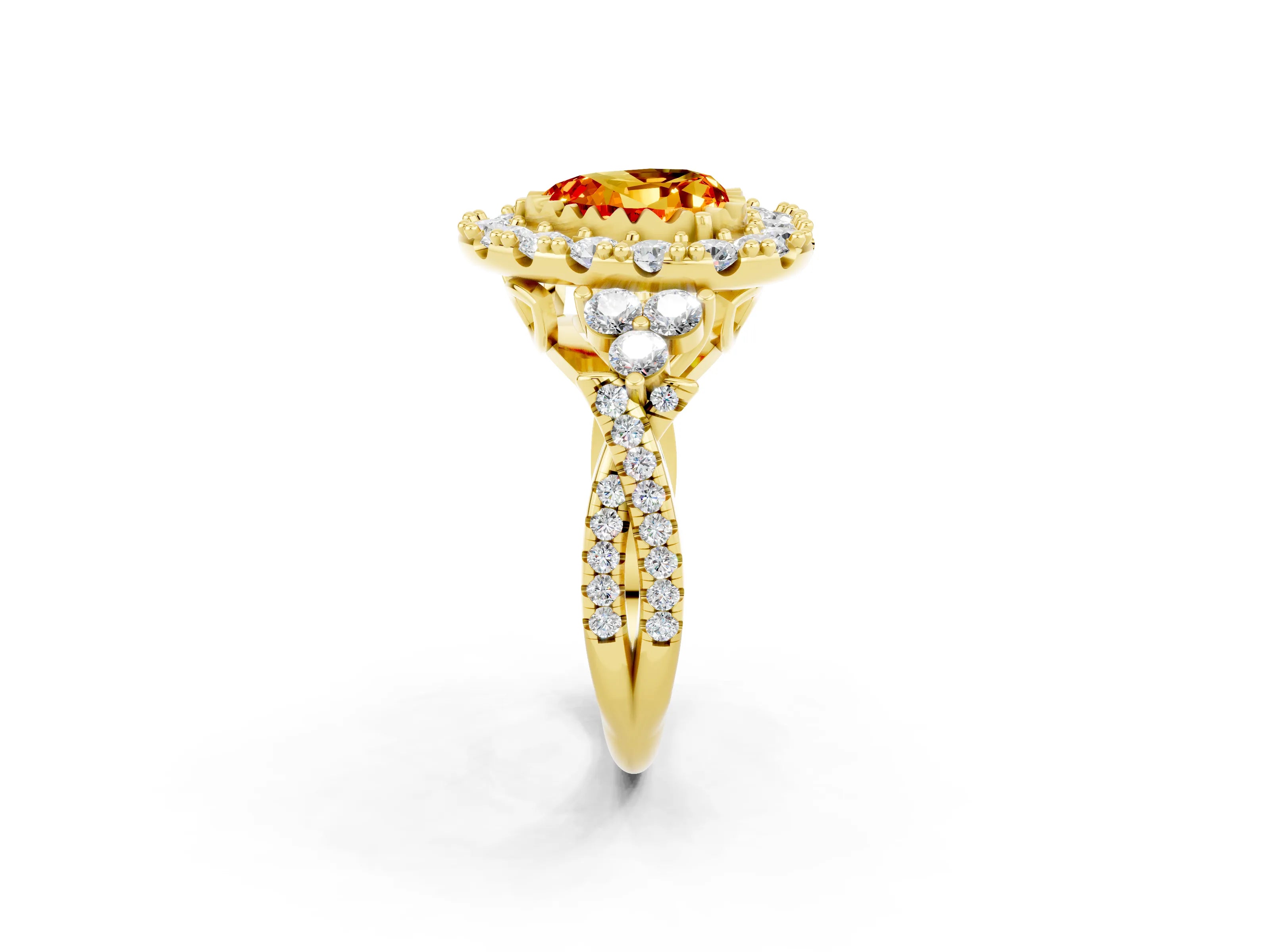 Yellow gold Heart Cut Citrine Halo Ring with Pavé Band and Four-Prong Setting_14