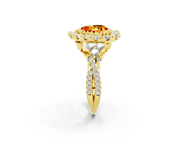 Yellow gold Heart Cut Citrine Halo Ring with Pavé Band and Four-Prong Setting
