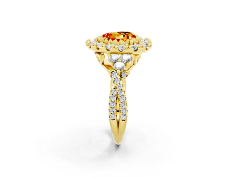 Yellow gold Heart Cut Citrine Halo Ring with Pavé Band and Four-Prong Setting_14