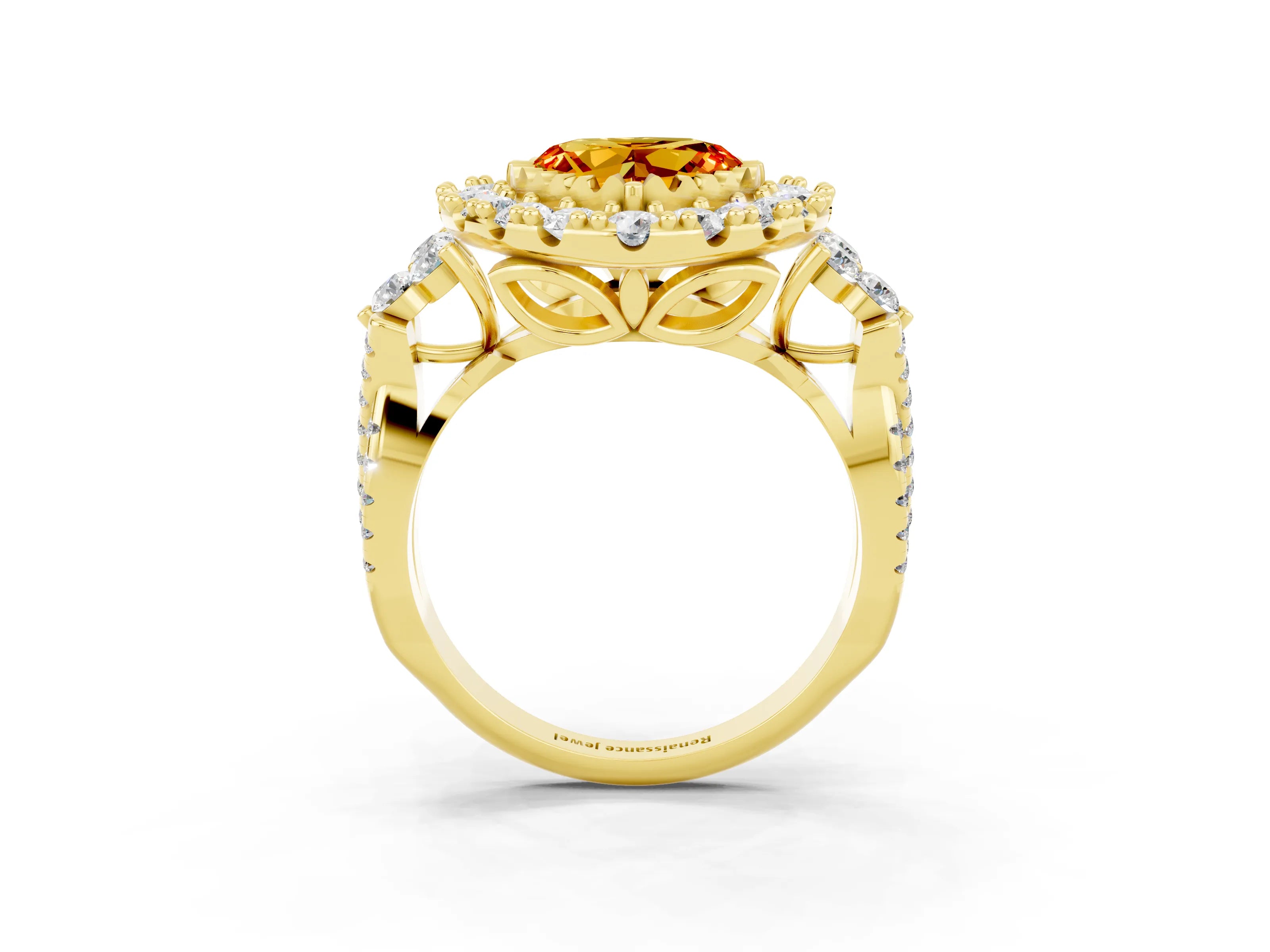 Yellow gold Heart Cut Citrine Halo Ring with Pavé Band and Four-Prong Setting_15