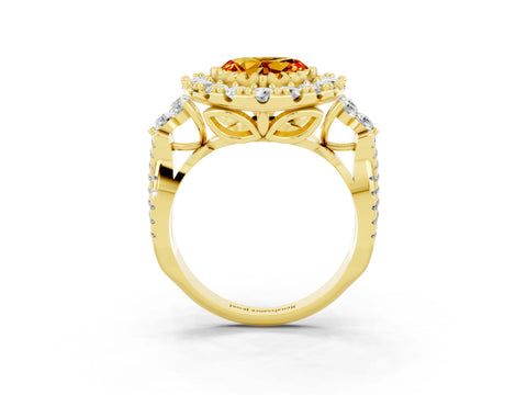 Yellow gold Heart Cut Citrine Halo Ring with Pavé Band and Four-Prong Setting_15