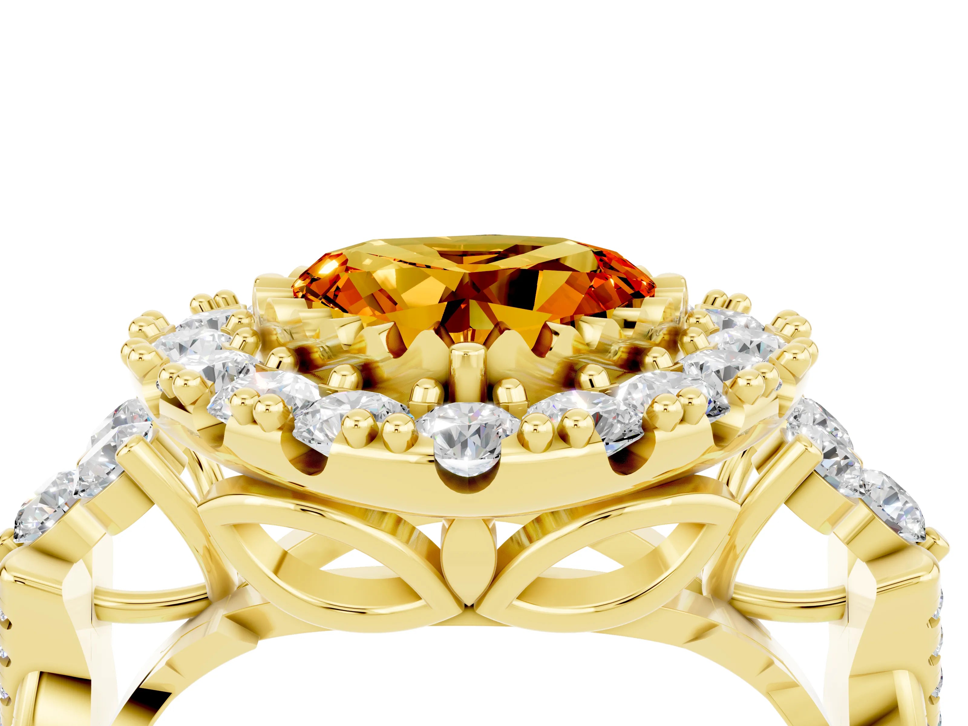 Yellow gold Heart Cut Citrine Halo Ring with Pavé Band and Four-Prong Setting_16