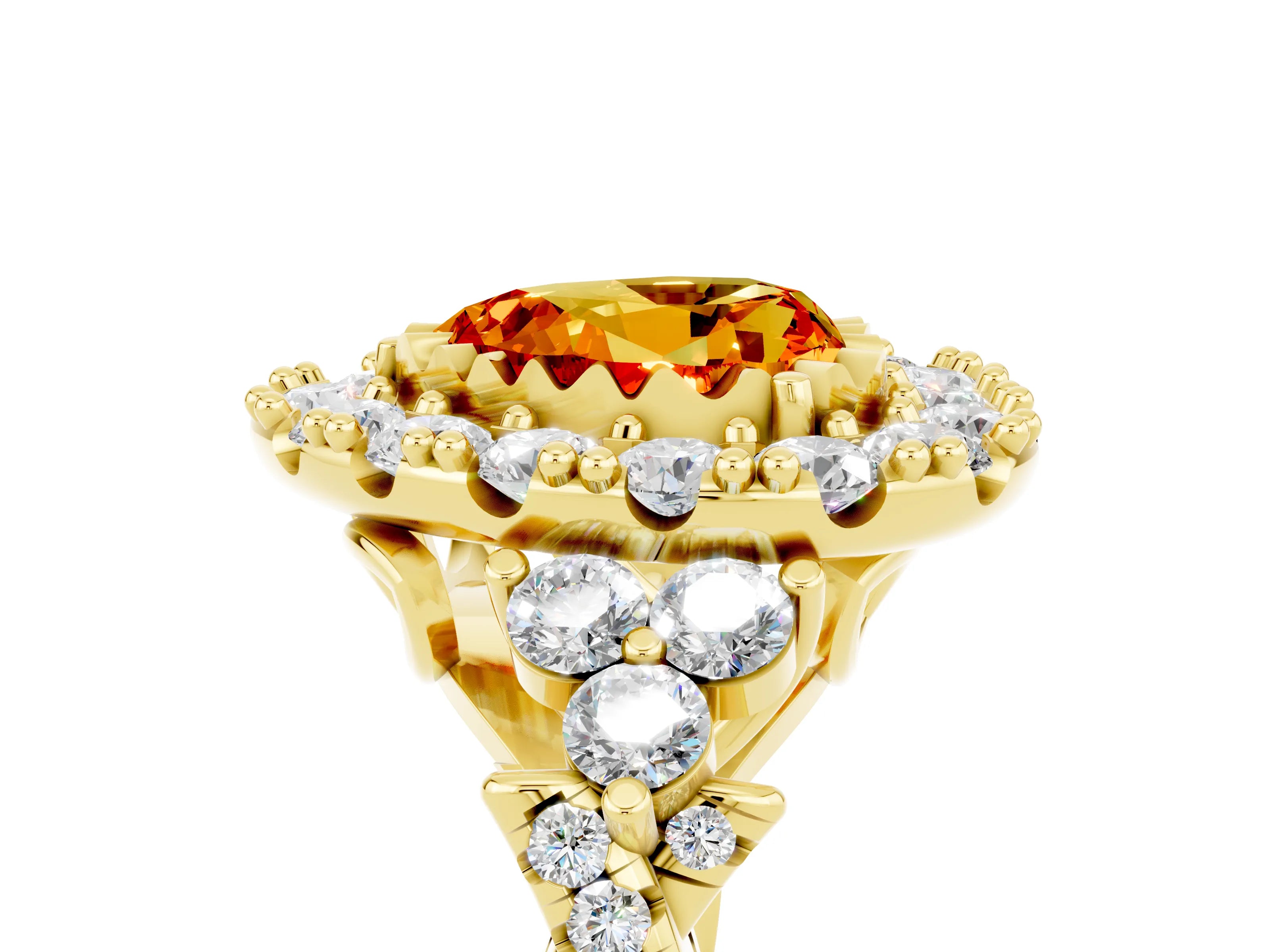 Yellow gold Heart Cut Citrine Halo Ring with Pavé Band and Four-Prong Setting_17