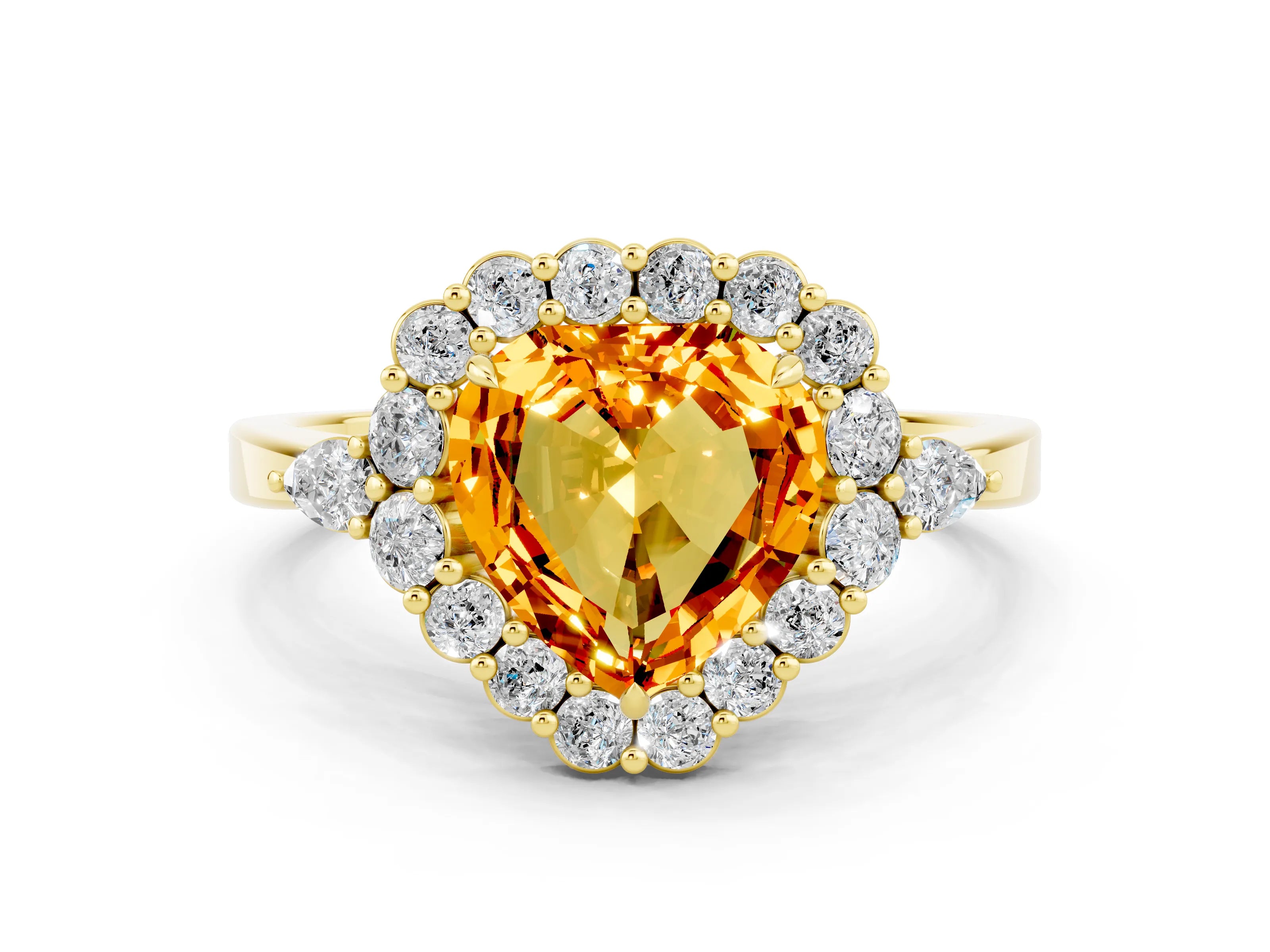 Yellow gold Heart Cut Citrine Halo Ring with Pear Side Stones and Prong Setting_12