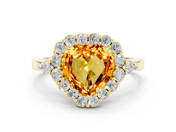 Yellow gold Heart Cut Citrine Halo Ring with Pear Side Stones and Prong Setting