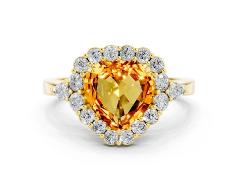 Yellow gold Heart Cut Citrine Halo Ring with Pear Side Stones and Prong Setting_12