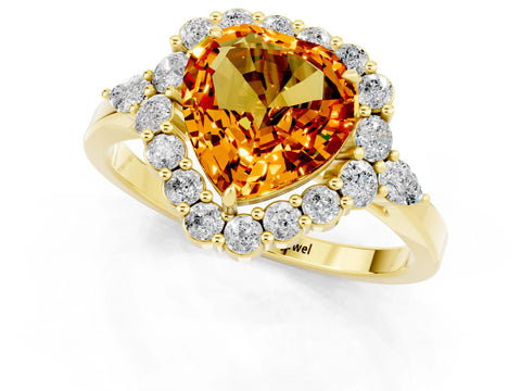 Yellow gold Heart Cut Citrine Halo Ring with Pear Side Stones and Prong Setting_13