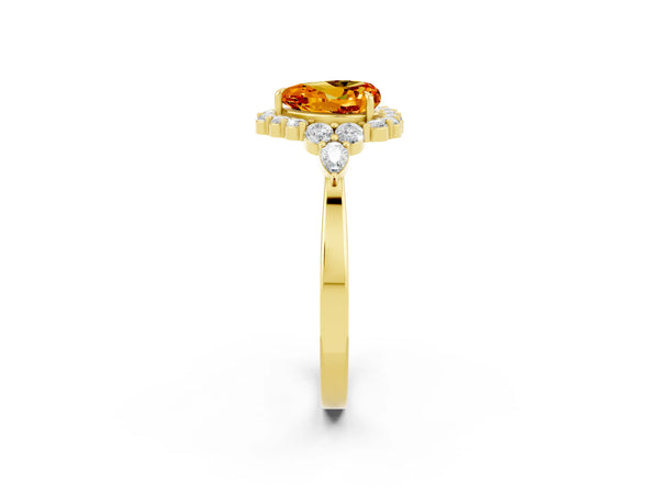 Yellow gold Heart Cut Citrine Halo Ring with Pear Side Stones and Prong Setting