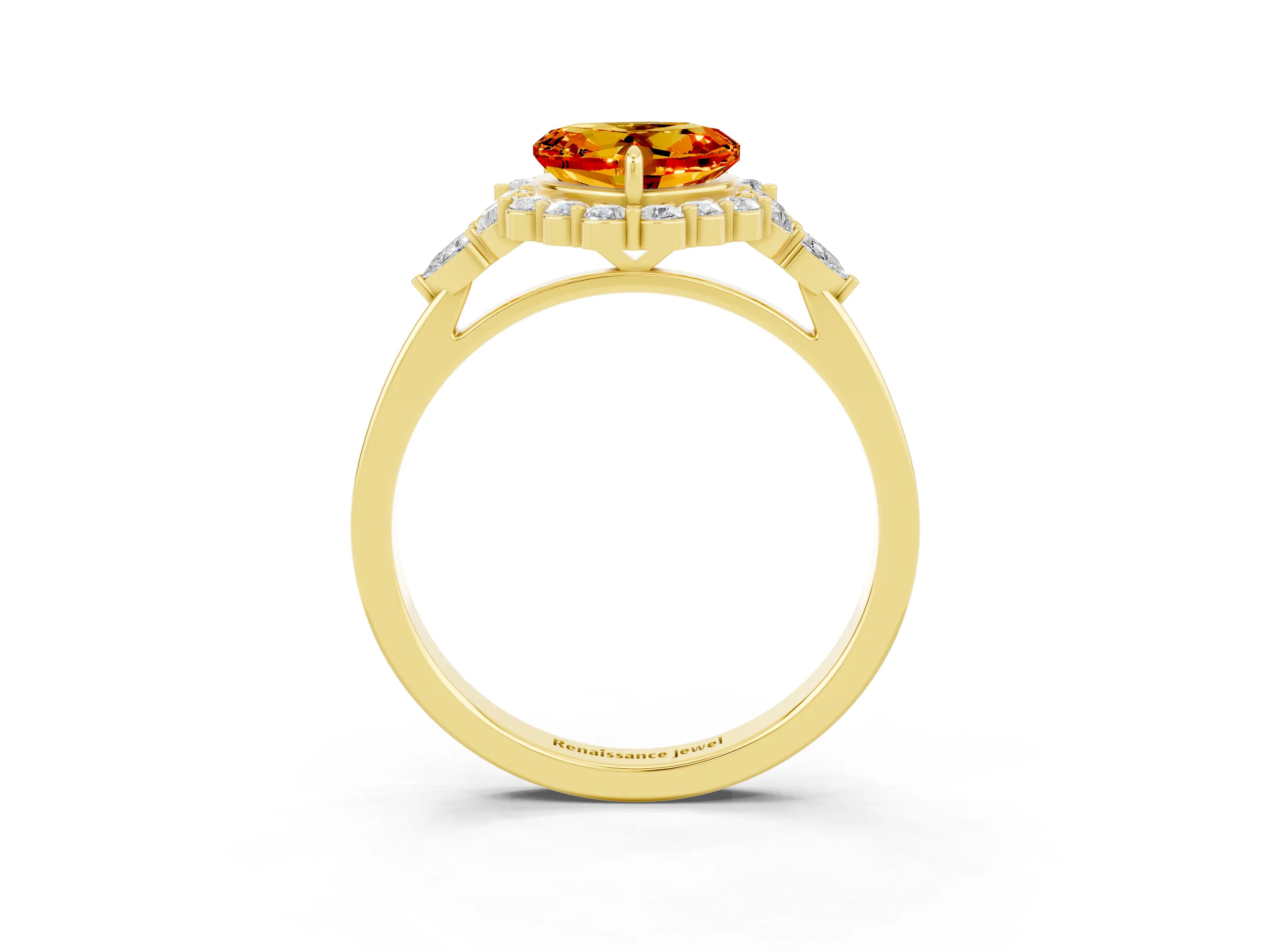 Yellow gold Heart Cut Citrine Halo Ring with Pear Side Stones and Prong Setting_15
