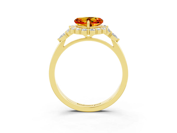 Yellow gold Heart Cut Citrine Halo Ring with Pear Side Stones and Prong Setting
