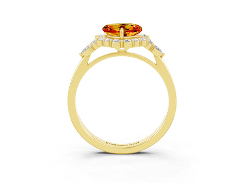 Yellow gold Heart Cut Citrine Halo Ring with Pear Side Stones and Prong Setting_15