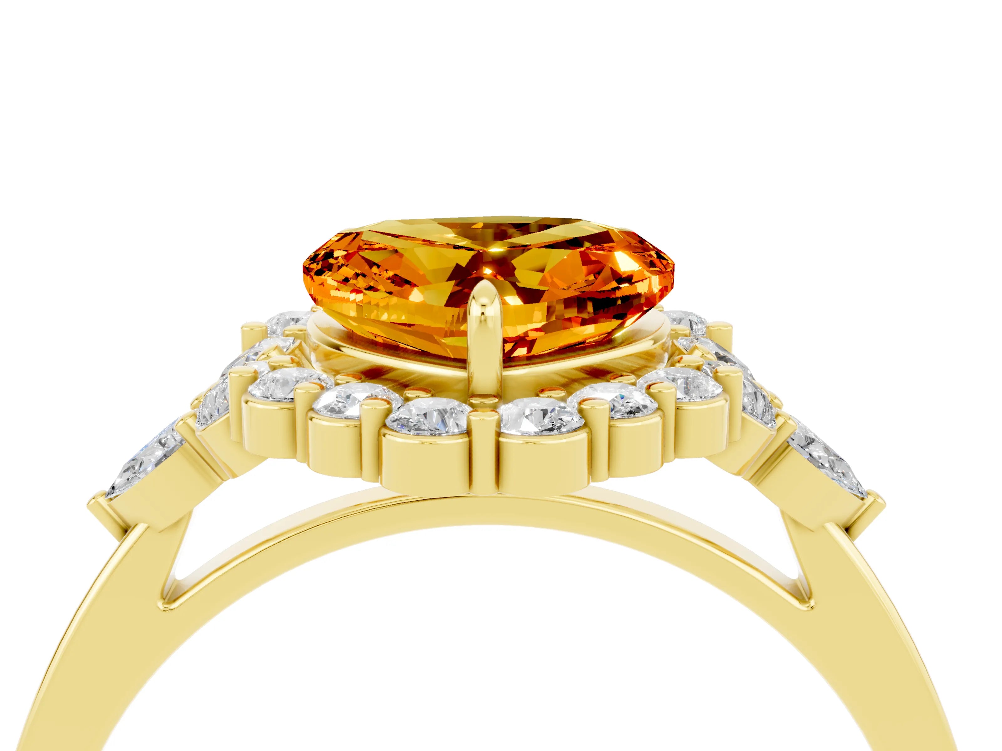 Yellow gold Heart Cut Citrine Halo Ring with Pear Side Stones and Prong Setting_16