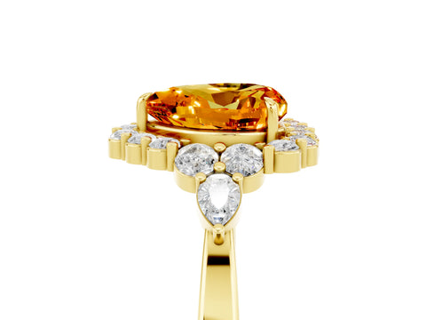 Yellow gold Heart Cut Citrine Halo Ring with Pear Side Stones and Prong Setting_17