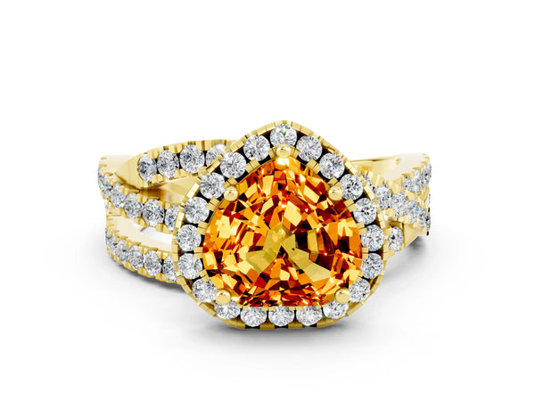 Yellow gold Heart Cut Citrine Halo Ring with Round Split Shank and Prong Setting