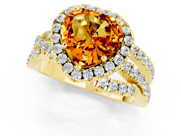 Yellow gold Heart Cut Citrine Halo Ring with Round Split Shank and Prong Setting