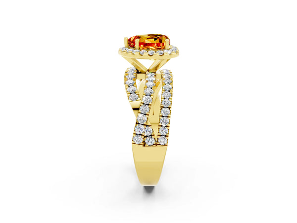 Yellow gold Heart Cut Citrine Halo Ring with Round Split Shank and Prong Setting