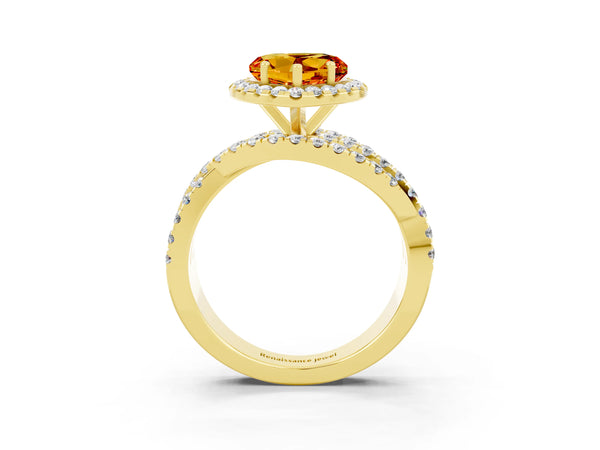 Yellow gold Heart Cut Citrine Halo Ring with Round Split Shank and Prong Setting