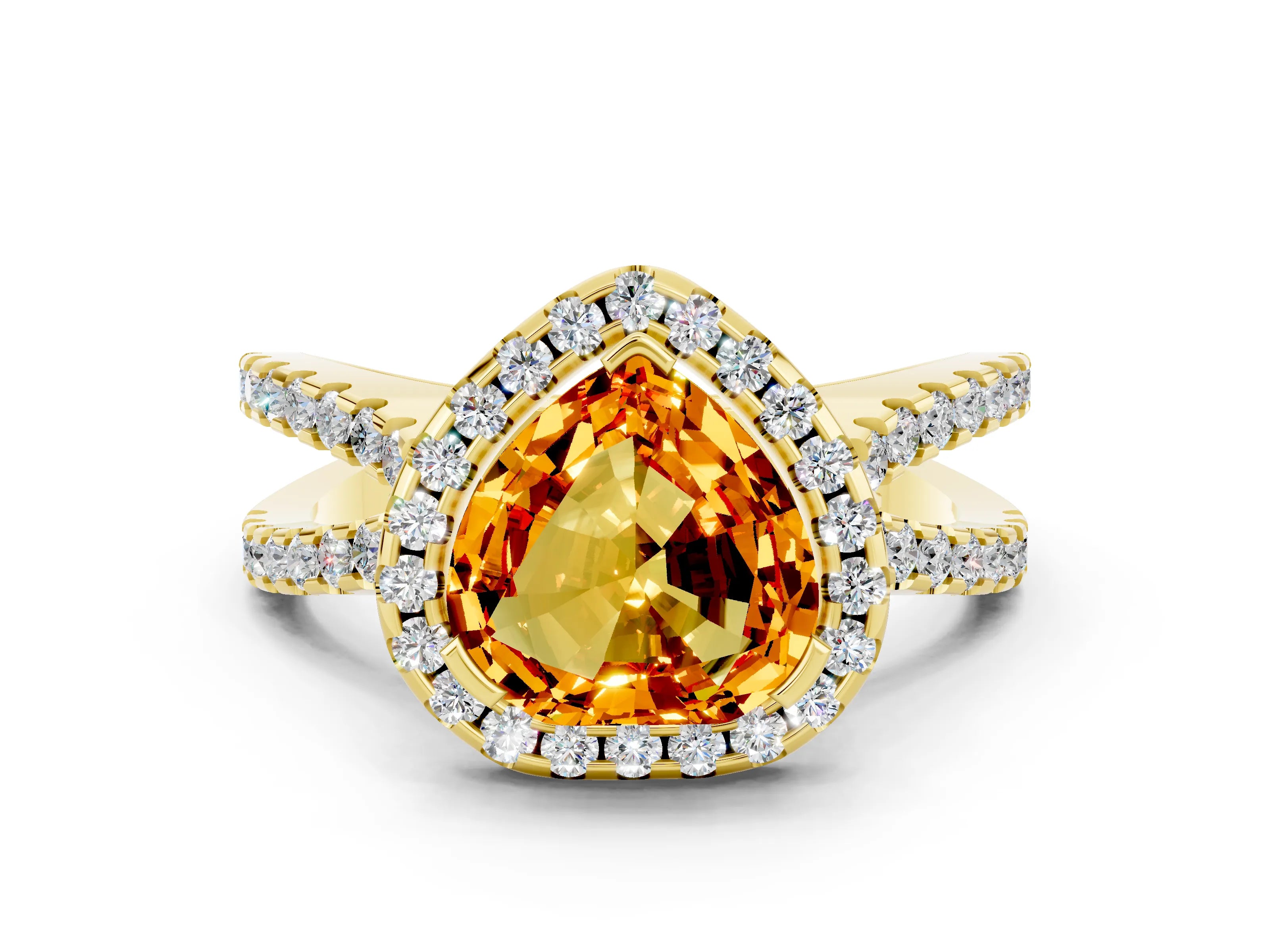 Yellow gold Heart Cut Citrine Halo Ring with Split Shank Pavé Band and Prong Setting