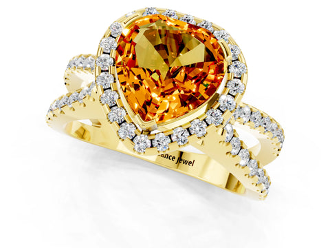 Yellow gold Heart Cut Citrine Halo Ring with Split Shank Pavé Band and Prong Setting_1