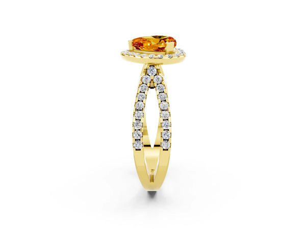 Yellow gold Heart Cut Citrine Halo Ring with Split Shank Pavé Band and Prong Setting