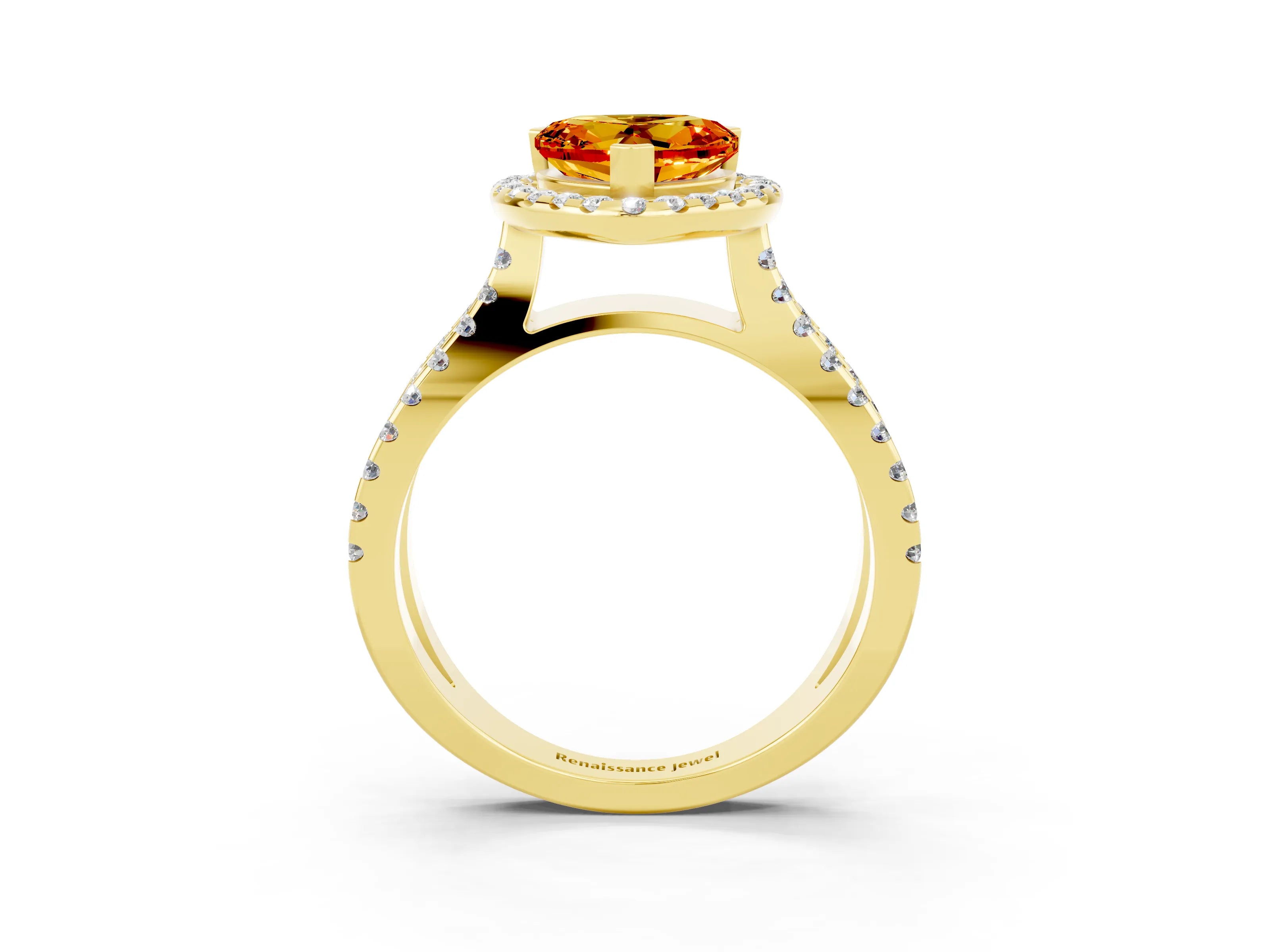 Yellow gold Heart Cut Citrine Halo Ring with Split Shank Pavé Band and Prong Setting_3
