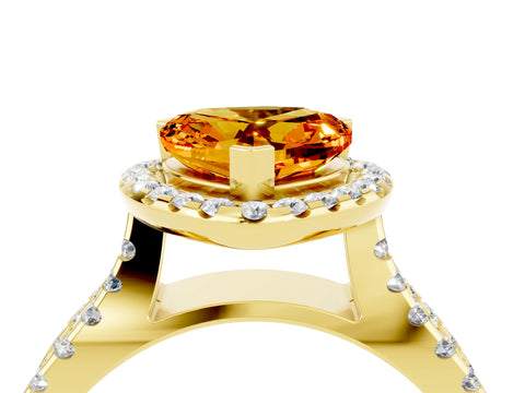 Yellow gold Heart Cut Citrine Halo Ring with Split Shank Pavé Band and Prong Setting_4