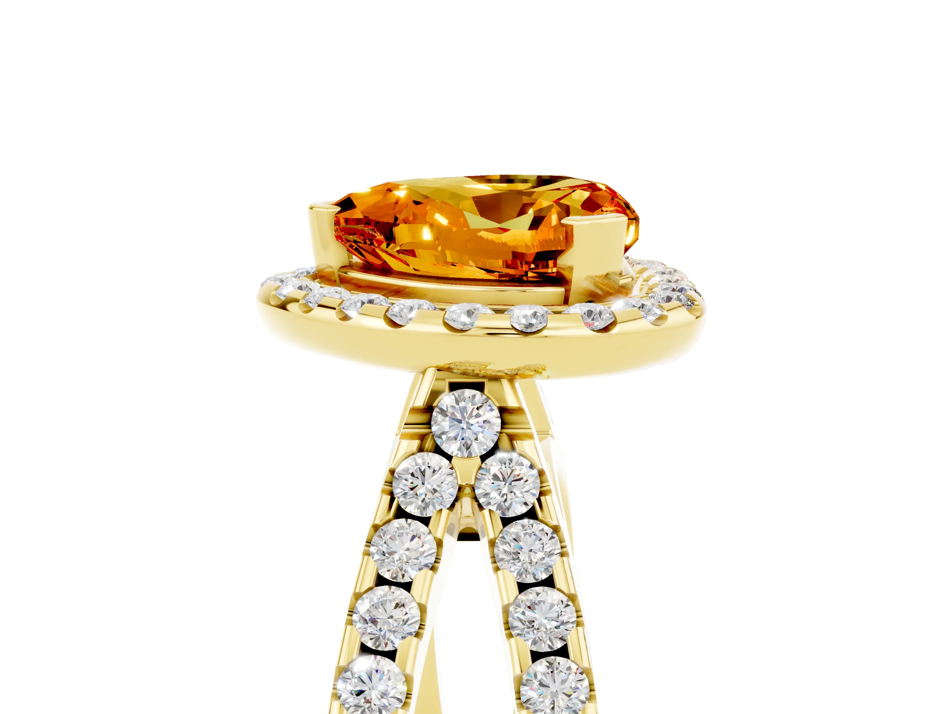 Yellow gold Heart Cut Citrine Halo Ring with Split Shank Pavé Band and Prong Setting_5