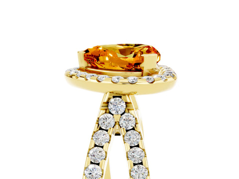 Yellow gold Heart Cut Citrine Halo Ring with Split Shank Pavé Band and Prong Setting_5